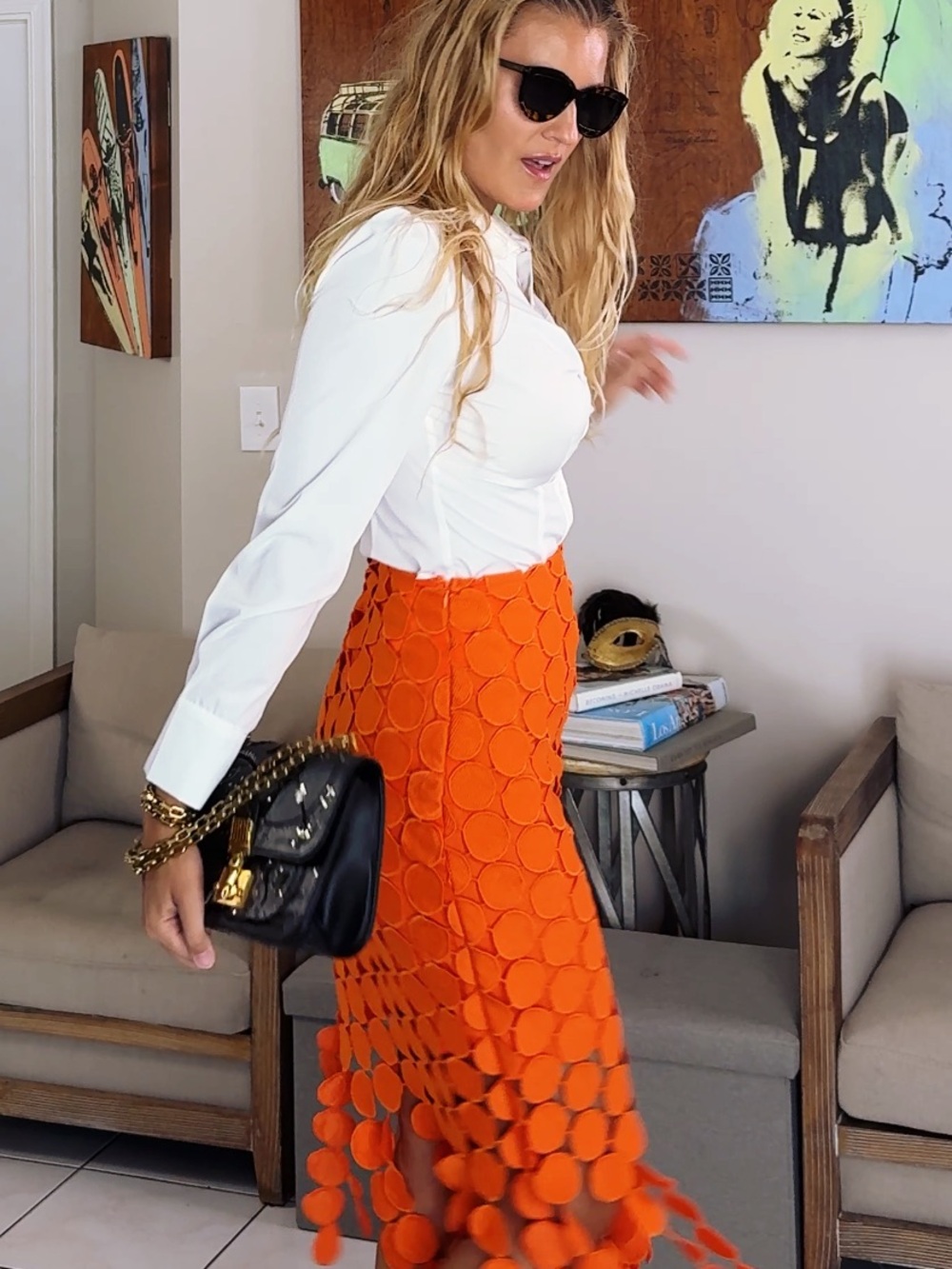 Orange Midi Skirt with Circle-Detail Fringe - Picture 6 of 9